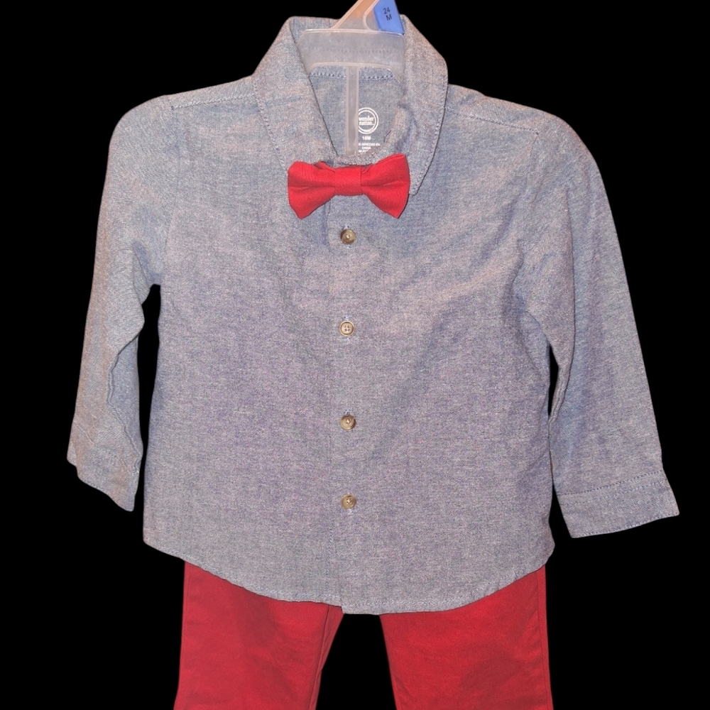 Super Cute 3 Piece Outfit Button Down Shirt, Bowtie & Red Pants
